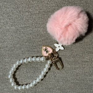 Pearl Beaded Wristlet Keychain with Pink Pom Pom